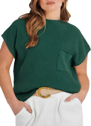 Eytino Womens Plus Size Tops Summer Cap Sleeve Crew Neck Casual Loose Solid Ribbed Knit Basic Tee Shirt(1X-5X)