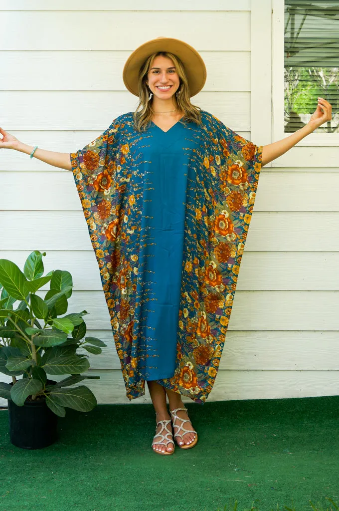 Teal Bloom Kimono Kaftan Dress