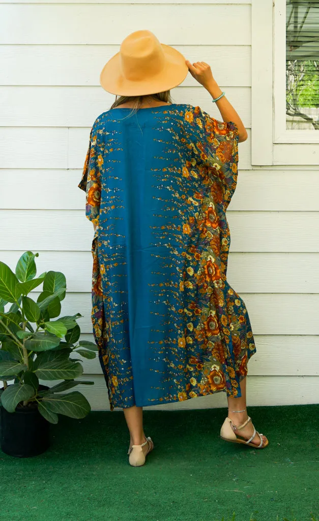Teal Bloom Kimono Kaftan Dress