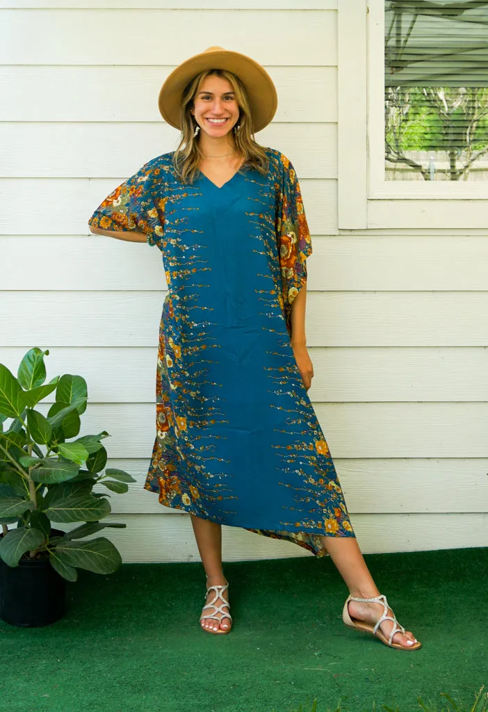 Teal Bloom Kimono Kaftan Dress