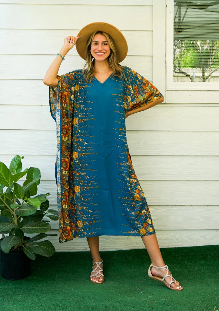 Teal Bloom Kimono Kaftan Dress