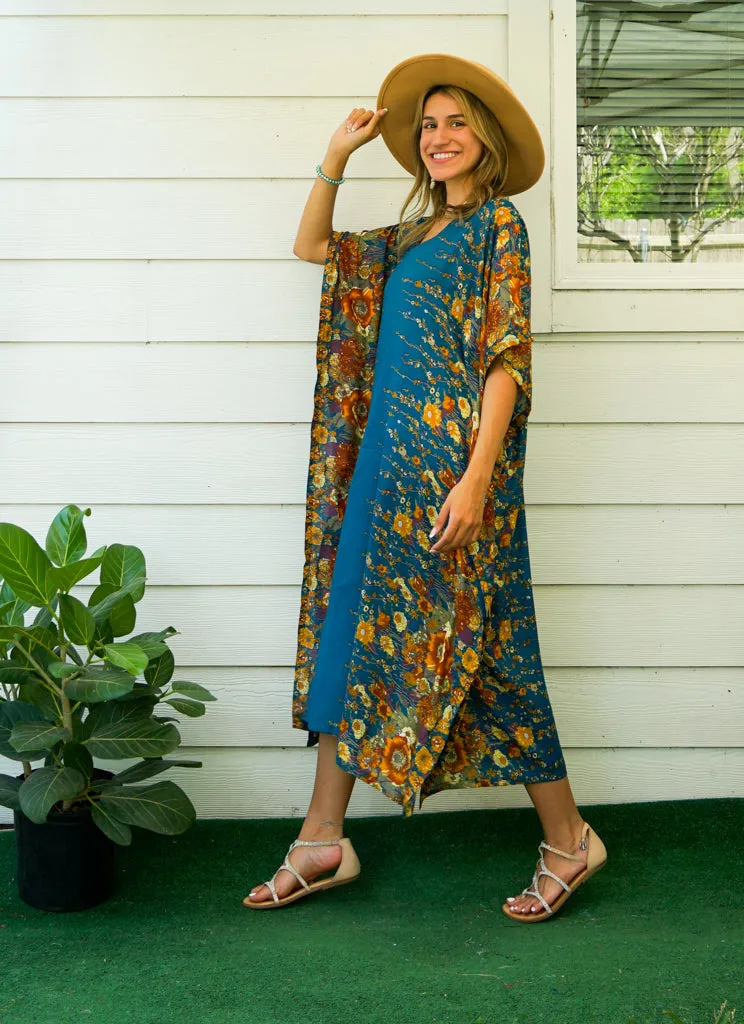 Teal Bloom Kimono Kaftan Dress